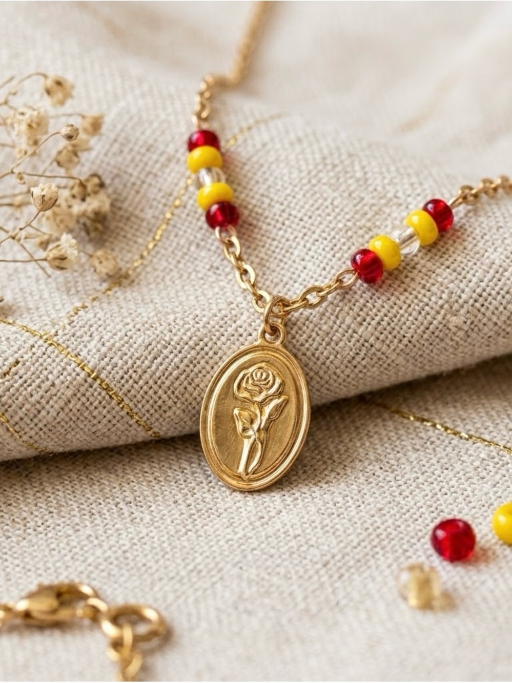 Gold Rose Medallion Necklace with Red and Yellow Beads